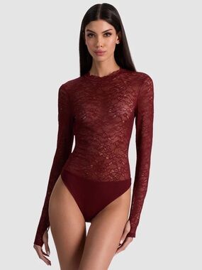Alice + Olivia red burgundy Taeyn lace long sleeve mockneck bodysuit size XL NWT